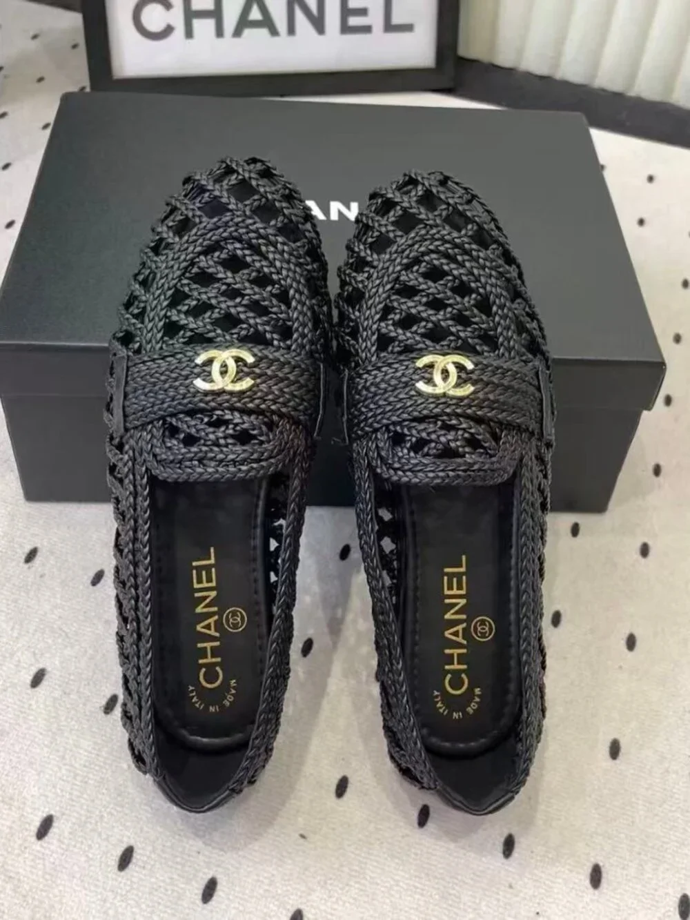 Chanel Black Woven Mesh CC Logo Flat Loafers
